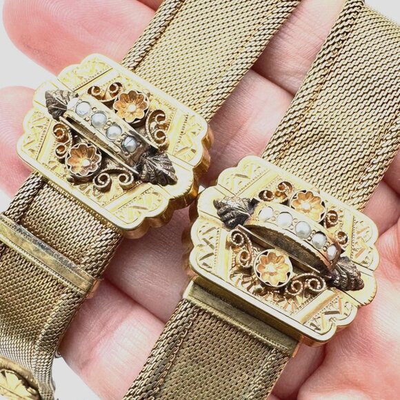 Antique Gold Filled Rare Pair of Wedding Bracelets Seed Pearl Ornate Victorian - Picture 6 of 6